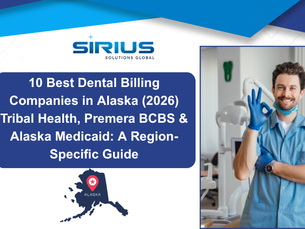 Sirius Solutions Global graphic about 10 best dental billing companies in Alaska; smiling dentist in blue making an OK sign.