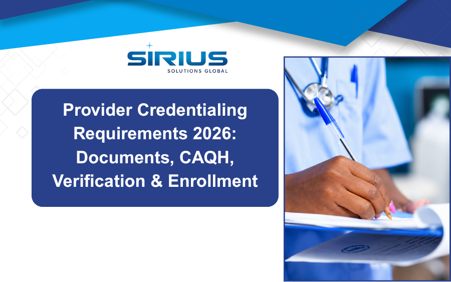 Sirius Solutions Global graphic with clinician writing on forms; title reads Provider Credentialing Requirements 2026: Documents, CAQH, Verification & Enrollment