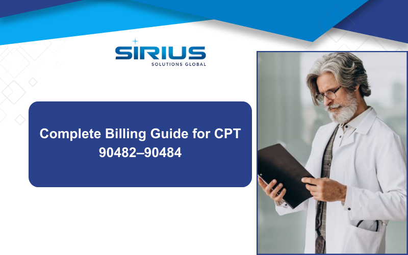 Elderly doctor reviews clipboard, wearing a white coat. Text: "Complete Billing Guide for CPT 90482–90484." Sirius Solutions logo.