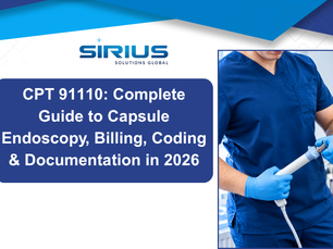 Sirius Solutions Global ad with doctor in blue scrubs holding an endoscopy tool; text reads CPT 91110 guide to capsule endoscopy in 2026