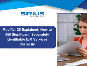 Woman in red reads papers intently. Text: Modifier 25 Explained: How to Bill... E/M Services Correctly. Blue and white design, Sirius logo present.