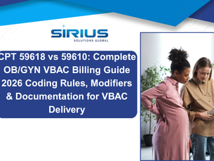 Sirius Solutions Global banner with title on CPT 59618 vs 59610 OB/GYN VBAC billing guide and two women reviewing a tablet.