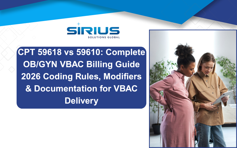 Sirius Solutions Global banner with title on CPT 59618 vs 59610 OB/GYN VBAC billing guide and two women reviewing a tablet.