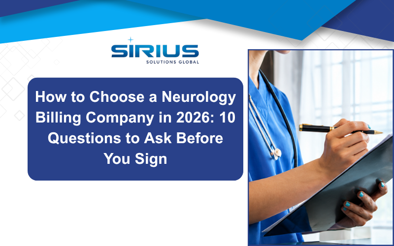 Sirius Solutions Global poster with a nurse in blue holding a clipboard, titled How to Choose a Neurology Billing Company in 2026.