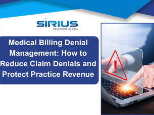 Sirius Solutions Global banner on medical billing denial management, with warning icon and hand using a laptop.