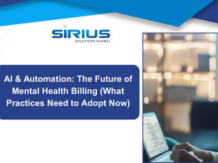 Sirius Solutions Global banner; text reads: AI & Automation in Mental Health Billing. Person on laptop, blurred office background, blue accents.
