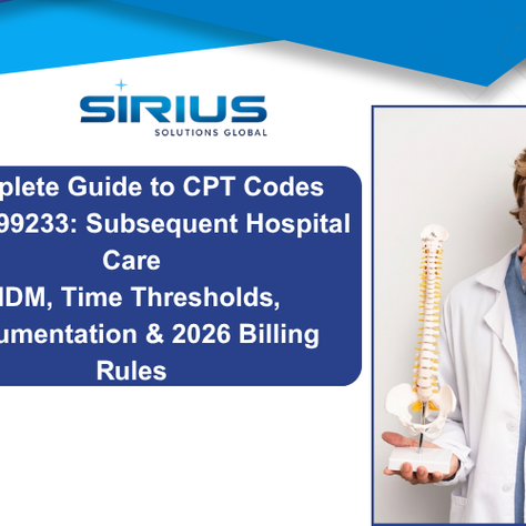 Banner for Sirius Solutions Global: doctor holding spine model beside text on CPT 99231-99233, MDM, time thresholds, billing rules.