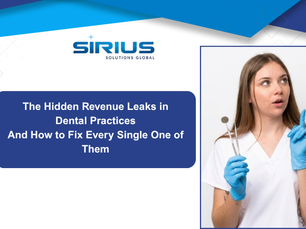 Woman in white coat and blue gloves holds dental tools, looking thoughtful. Text: "The Hidden Revenue Leaks in Dental Practices..."