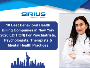Promotional flyer for Sirius Solutions Global with a doctor portrait and text about 10 best behavioral health billing companies in New York, 2026 edition.