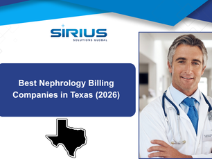 Smiling doctor with stethoscope in hospital setting. Text: "Best Nephrology Billing Companies in Texas (2026)" and "Sirius Solutions Global."