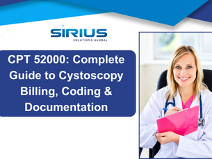 Sirius Solutions Global graphic with smiling doctor holding pink clipboard; text: CPT 52000 complete guide to cystoscopy billing.
