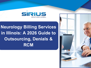 Sirius Solutions Global graphic showing a doctor at a laptop beside the title Neurology Billing Services in Illinois: A 2026 Guide to RCM