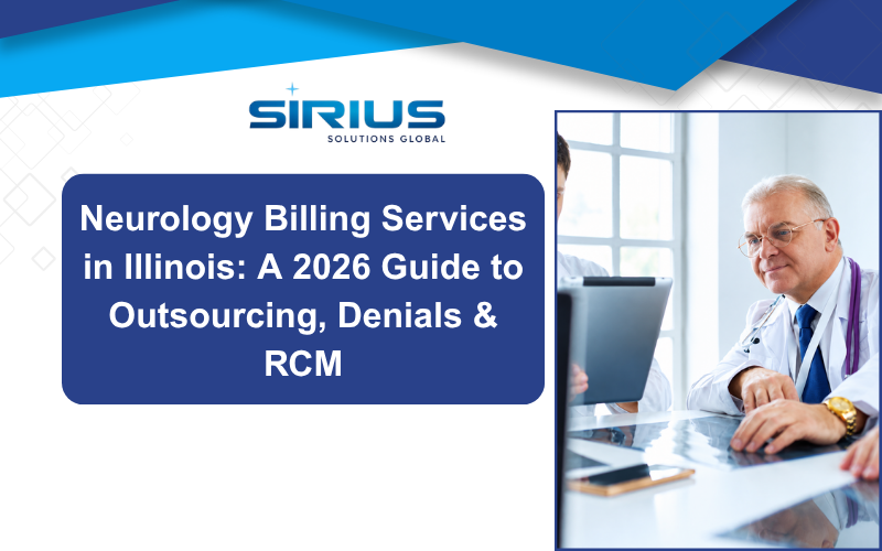 Sirius Solutions Global graphic showing a doctor at a laptop beside the title Neurology Billing Services in Illinois: A 2026 Guide to RCM