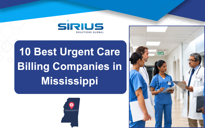 Sirius Solutions Global banner: 10 Best Urgent Care Billing Companies in Mississippi, with doctors and nurses in a hallway.