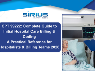 Sirius Solutions Global promo for CPT 99222 hospital billing guide, with doctor speaking to a patient in a hospital room.