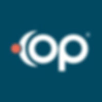 Abstract logo with white letters "op" and orange dot on a teal background. The logo has a modern, professional appearance.