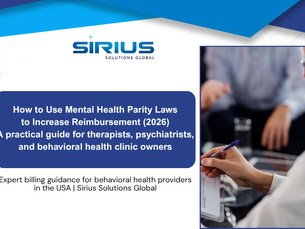 Blue and white presentation slide featuring text on mental health billing laws. Image of professionals in discussion, with one holding papers.