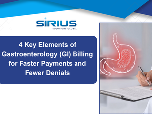 Banner for Sirius Solutions Global: doctor writes on clipboard beside glowing stomach graphic and headline about GI billing.