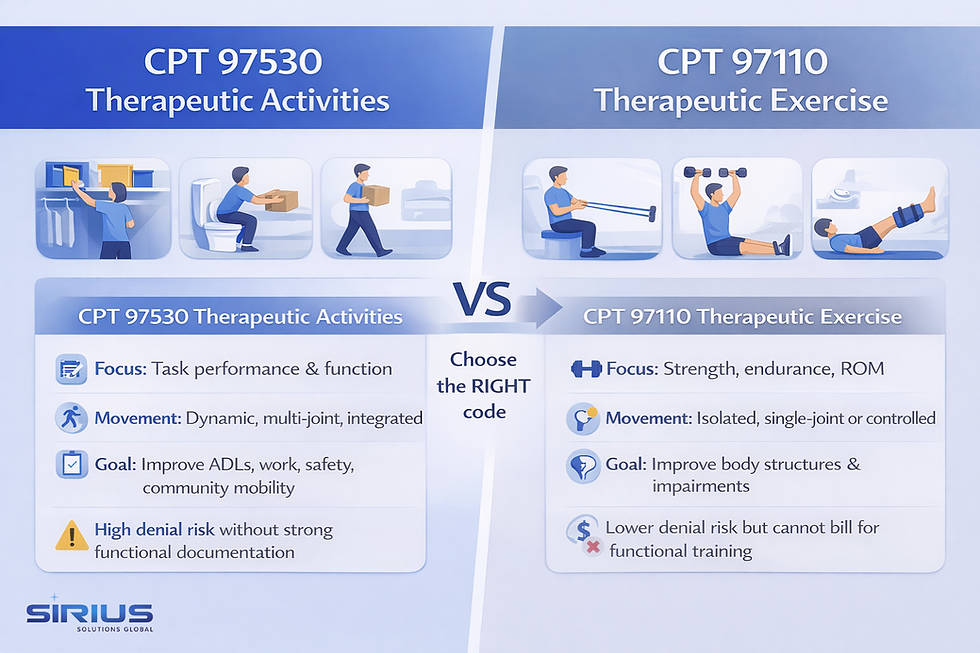 CPT 97530 vs 97110 comparison chart: Therapeutic Activities (functional task performance, dynamic movements, ADLs focus) versus Therapeutic Exercise (strength, ROM, isolated movements) – side-by-side differences to prevent billing errors and denials
