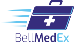 Logo featuring a blue medical briefcase with a white cross. Dynamic lines on the left create a sense of motion. Text reads "BellMedEx".