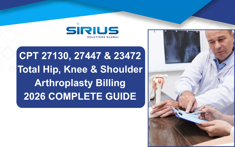 Sirius Solutions Global ad: doctor reviews x-rays and billing forms; text reads CPT 27130, 27447 & 23472 2026 Complete Guide