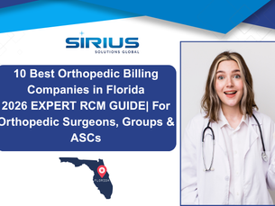 Sirius Solutions Global graphic shows a smiling doctor with spine model beside text on top orthopedic billing companies in Florida