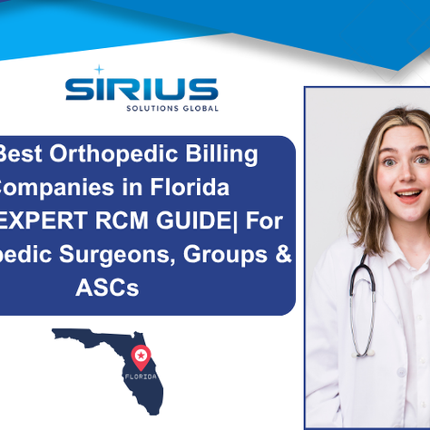 Sirius Solutions Global graphic shows a smiling doctor with spine model beside text on top orthopedic billing companies in Florida