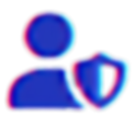 Icon of a person with a shield, symbolizing protection. Colorful glitch effect with blue, pink, and cyan hues on a black background.