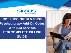 Flyer with Sirius Solutions Global logo and text about CPT 90833, 90836, 90838 psychotherapy billing guide; woman using tablet and phone