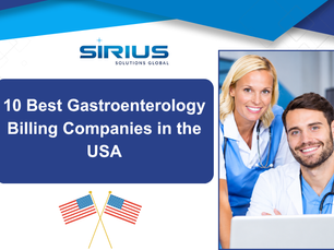 Sirius Solutions Global banner with two smiling clinicians and a laptop, headline: 10 Best Gastroenterology Billing Companies in the USA