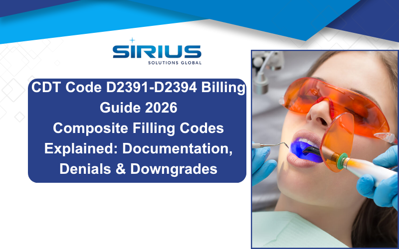 Promotional graphic for Sirius Solutions Global on CDT Code D2391-D2394 billing guide 2026, with dentist treating patient.