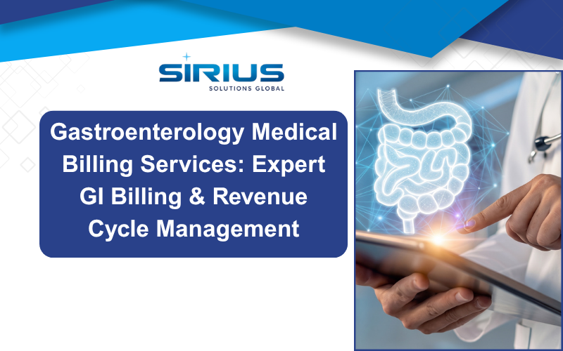 Sirius Solutions Global ad with doctor using tablet and glowing intestine graphic, promoting gastroenterology medical billing services.