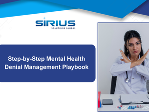 A doctor with a stethoscope crosses arms in an office. Text: Step-by-Step Mental Health Denial Management Playbook. Blue and white theme.
