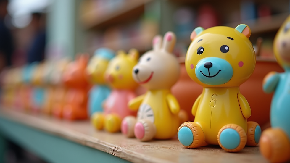 close-up view of baby toys on a market table