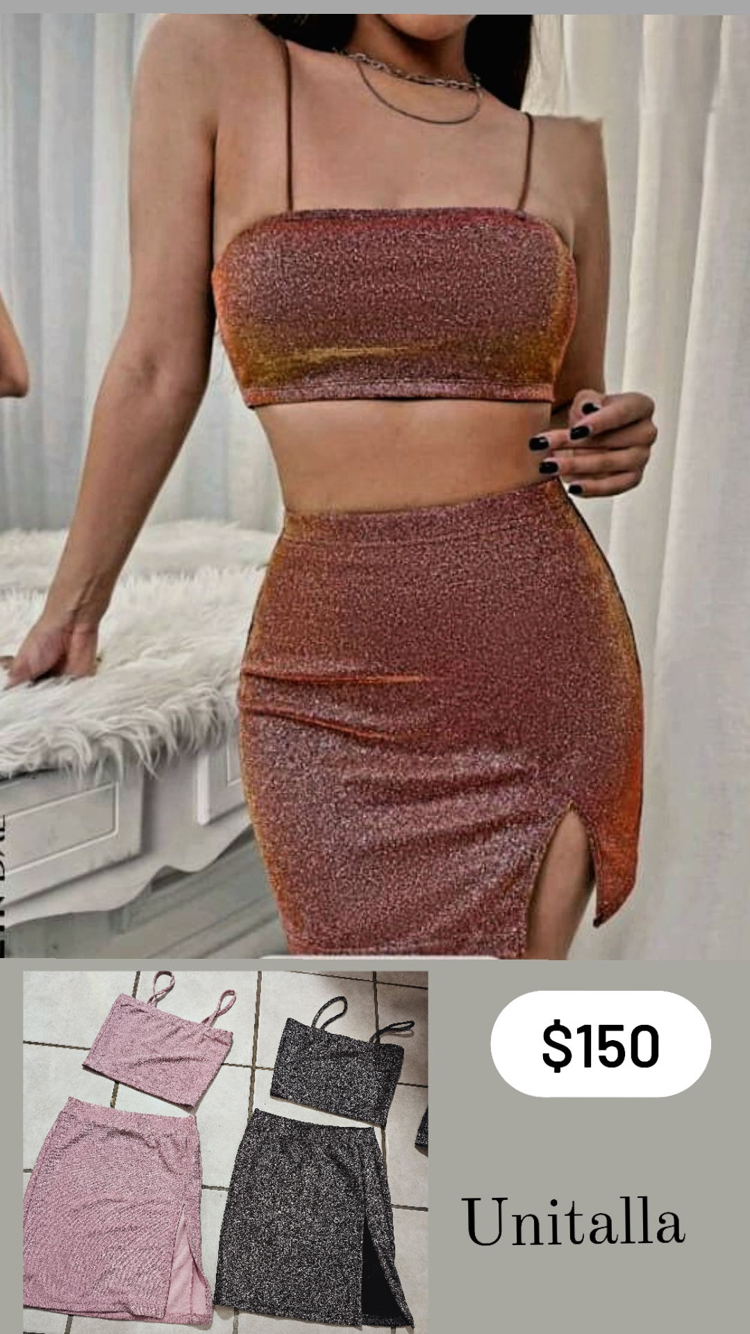 Conjunto 2pzs 》Top + Falda glitter