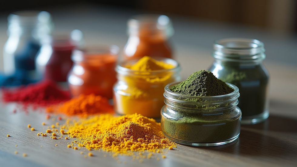 Close-up view of natural pigments in small glass jars