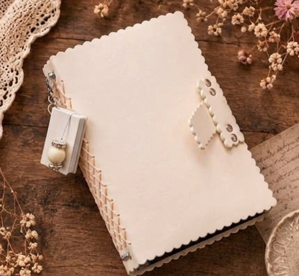 Eye-level view of a cozy writing nook with a handmade journal