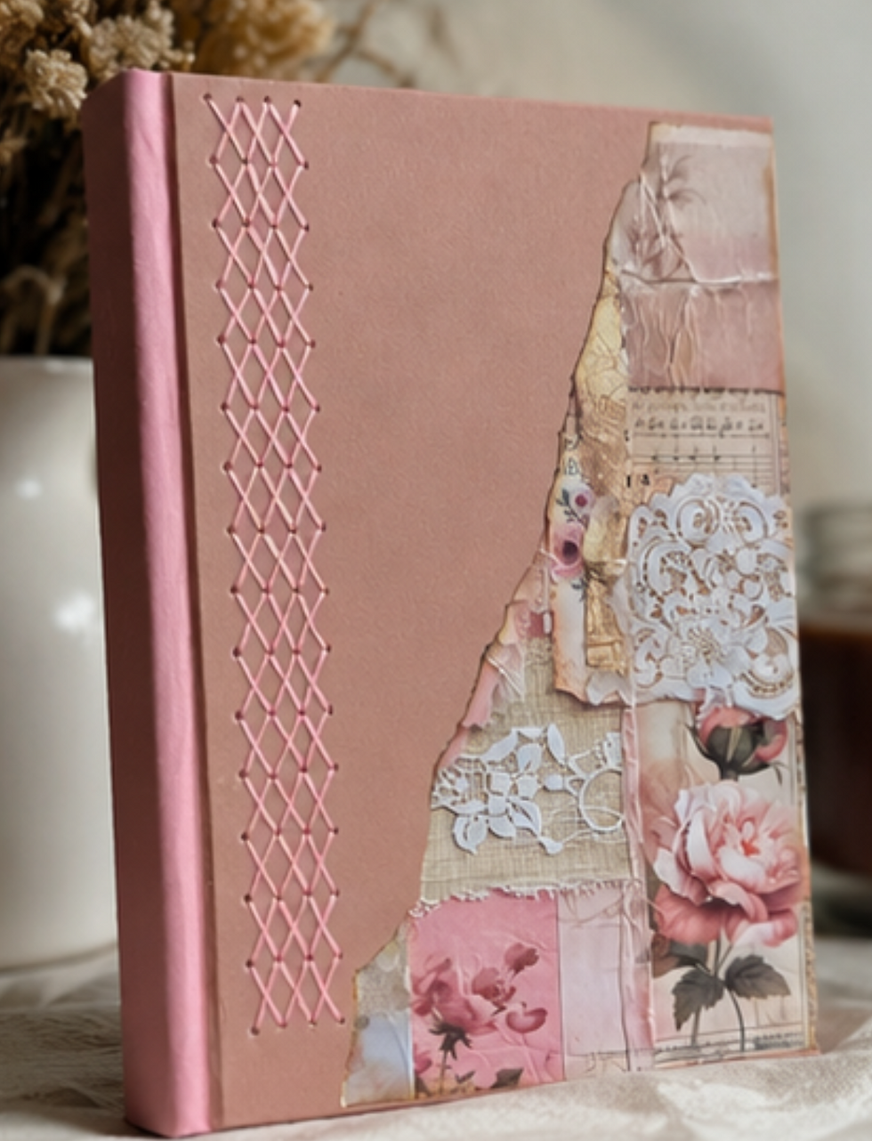Rose scented journal front cover, handmade deckled edge pages, hand-stitched heirloom notebook (5.5 x 8.5)