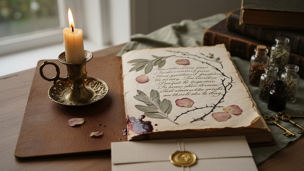 Close-up view of a lit candle beside an open journal on a wooden table