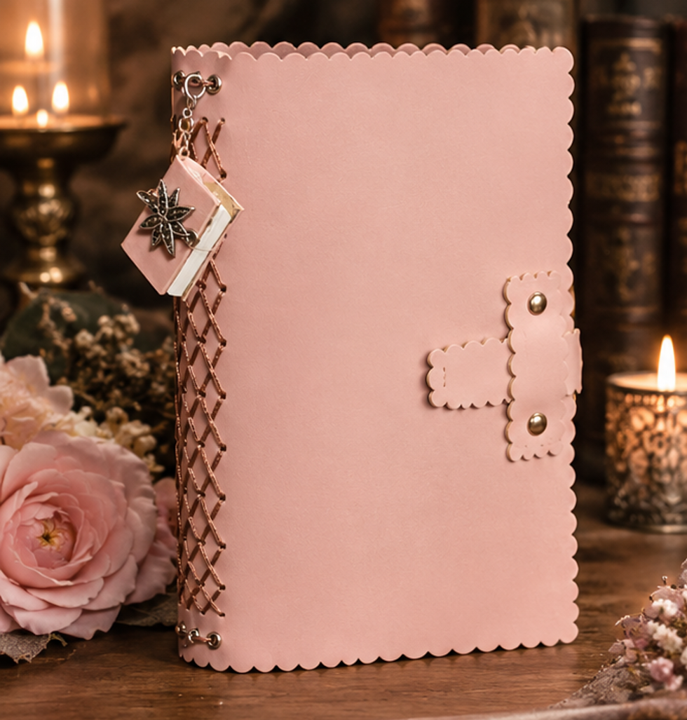 Blush pink refillable journal with five inserts and decorative charm