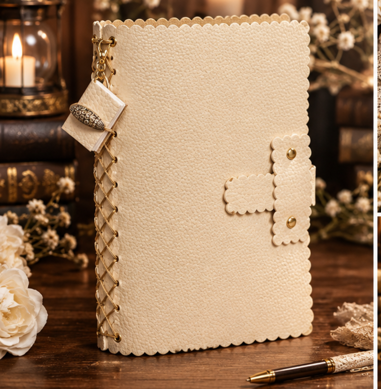 Cream faux leather refillable journal with five inserts and decorative charm