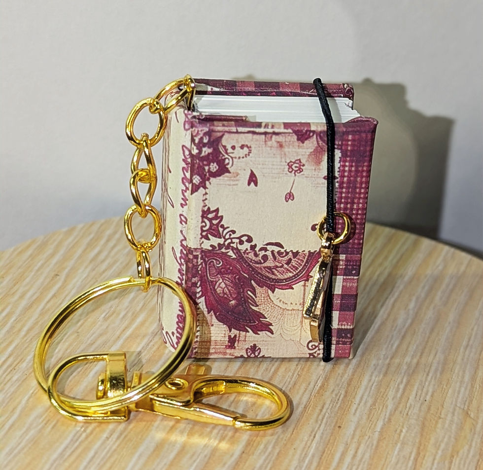 Burgundy patchwork tiny blank journal keychain with high heel charm and gold hardware, 1.5 x 1 inch