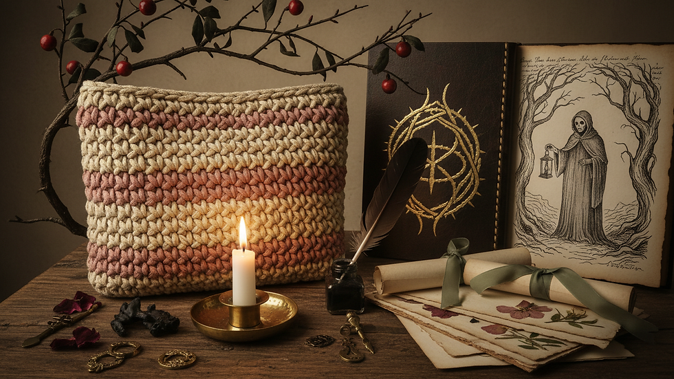 Eye-level view of a crochet handbag resting on a wooden table beside a candle and stationery