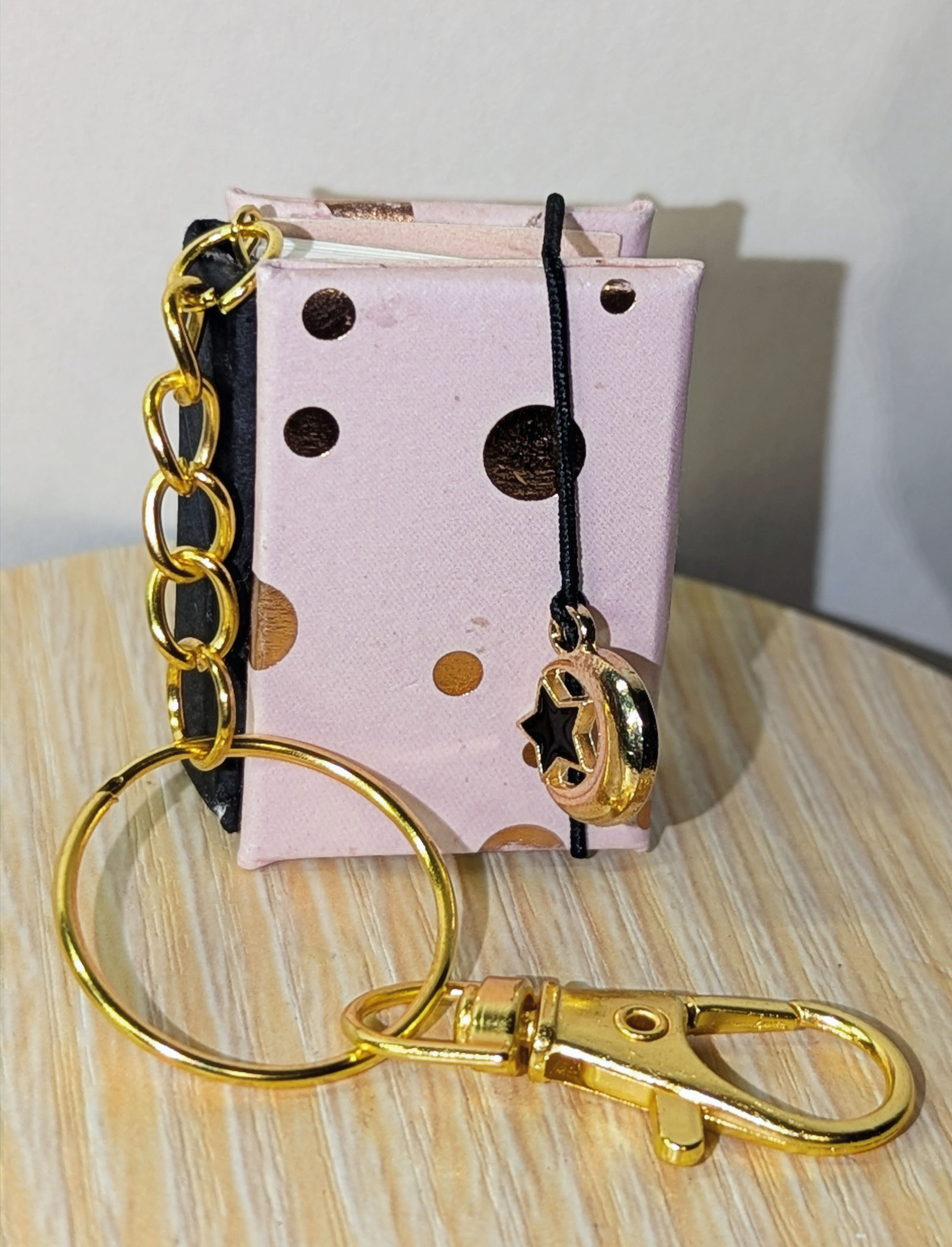 Pink polka dot tiny blank journal keychain with moon and star charm and gold hardware, 1.5 x 1 inch mini notebook