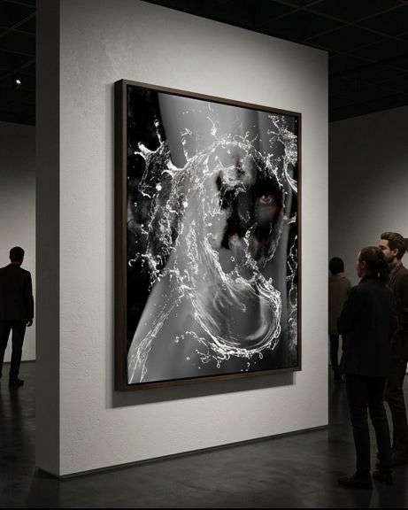 Thumbnail: Framed black-and-white digital painting of a shadowy figure with a red eye and swirling water, displayed in an art gallery.