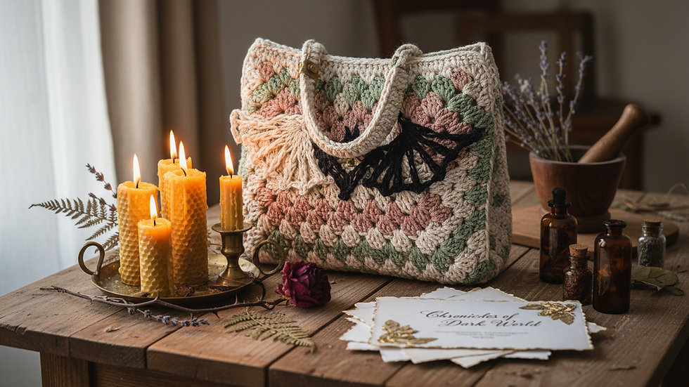 Close-up view of a handcrafted crochet handbag with intricate patterns