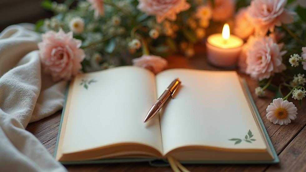 Close-up view of a journal with a pen and lit candle on a wooden table