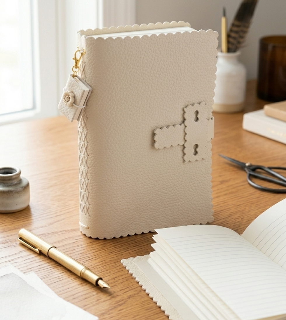 Cream 5x7 journal cover with stitched decorative details