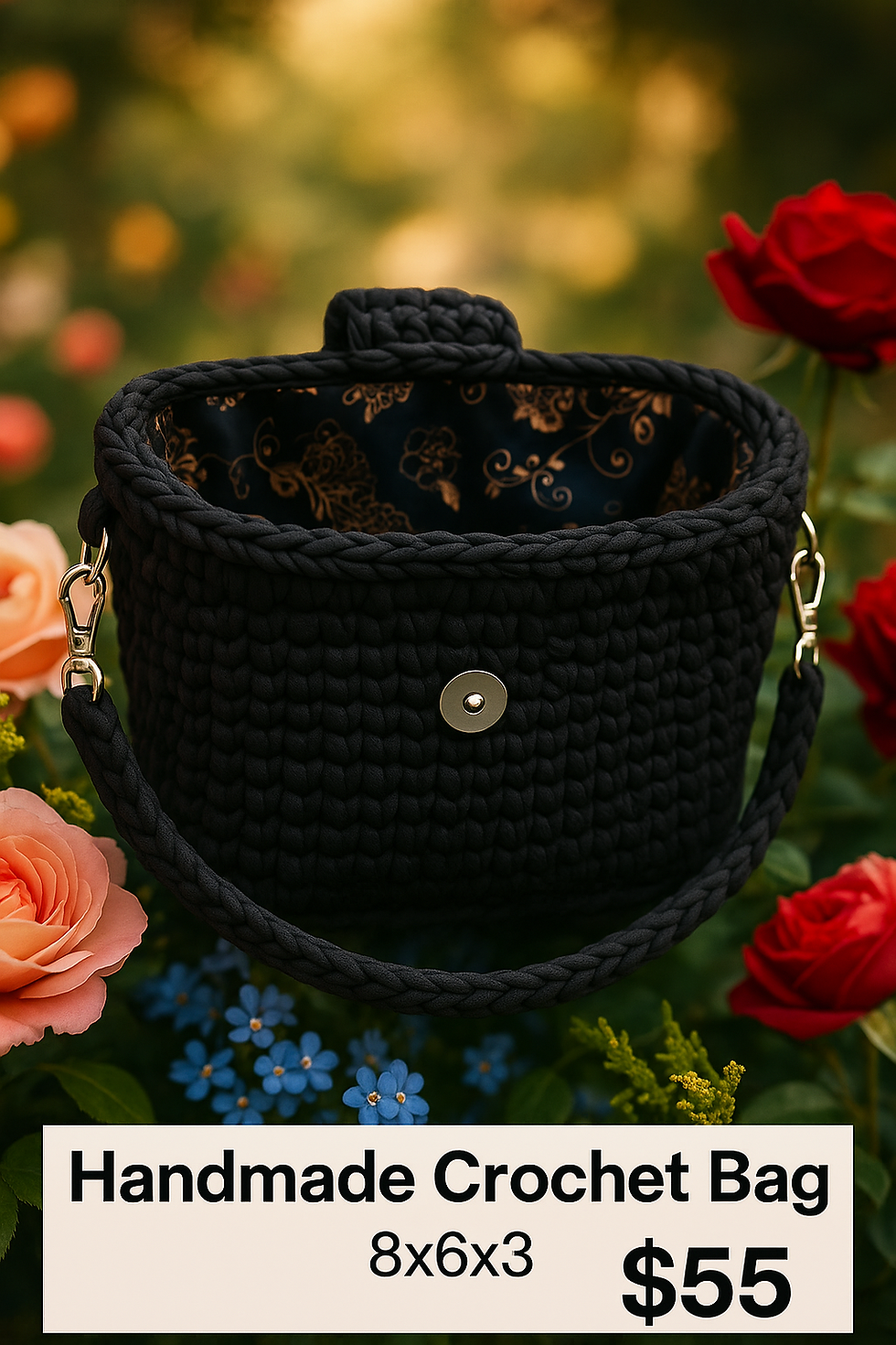 Thumbnail: Handmade Black Crochet Handbag with Pom Pom – 8x6x3 in Boutique Purse