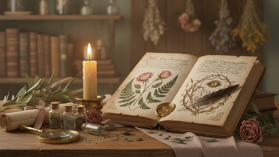 Close-up view of a lit candle beside an open journal on a wooden desk